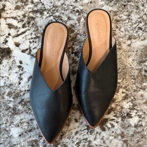 Madewell Black Pointed Leather Slip-On Mules with Tan Insole